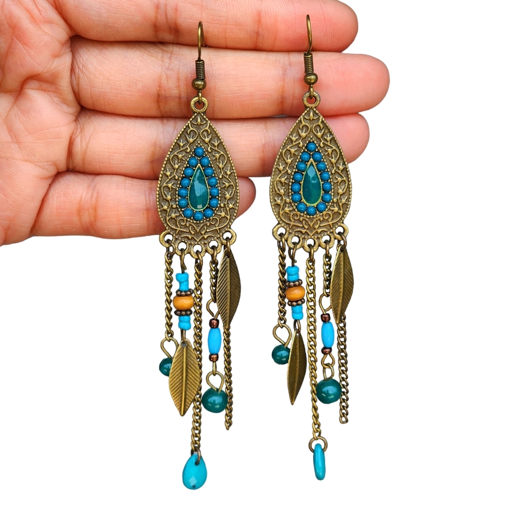Saanvi Teardrop Boho Earrings Beaded Bronze Boheme Jewelry